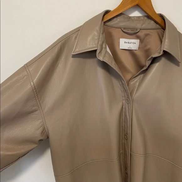 Babaton Pelli Shirt Jacket Vegan Leather Button-Down Relaxed Fit Cream SzL - Picture 3 of 14